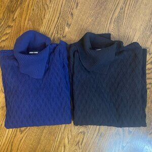 (2) Lands End cable knit sweaters split cowl neck black & navy M Tall